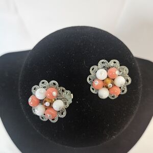 Vintage Orange And White Bead Cluster Filigree Clip On Earrings
